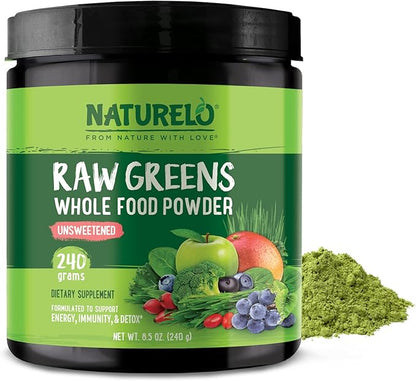 NATURELO Raw Greens Superfood Powder - Unsweetened - Boost Energy, Detox, Enhance Health - Organic Spirulina - Wheat Grass - Whole Food Nutrition from Fruits and Vegetables - 240 Grams