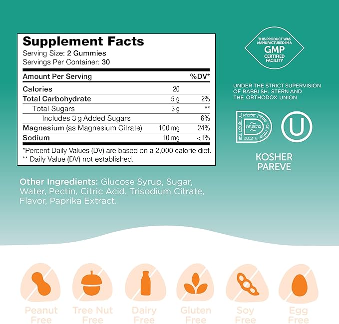 Chapter One Magnesium Gummies, Great Tasting Magnesium for Kids, Calm Kids Magnesium, Magnesium Gummies for Women and Men, Certified Kosher (Peach)