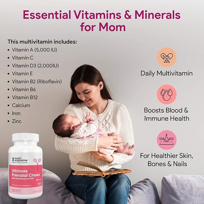 Nutri Supreme Prenatal Vitamin, Chewable Prenatal Vitamins for Women with Highly Absorbable Methyl Folate, Complete Prenatal Multivitamin with Iron, Kosher, Cherry Flavor, 90 Count