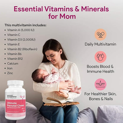 Nutri Supreme Prenatal Vitamin, Chewable Prenatal Vitamins for Women with Highly Absorbable Methyl Folate, Complete Prenatal Multivitamin with Iron, Kosher, Cherry Flavor, 90 Count