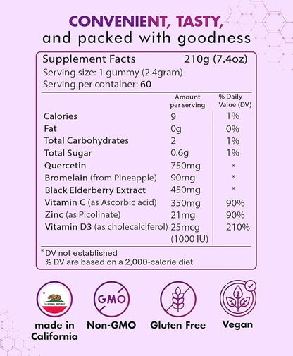 BIO VITALICA Quercetin Gummies by BioVitalica - Quercetin with Bromelain Vitamin C and Zinc & Elderberry + Vitamin D3-5 in 1 Immune Support - Zinc Quercetin 750 mg for Kids and Adult (4, Quercetin)