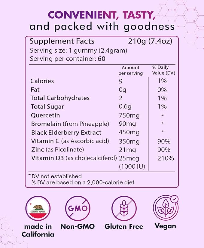 BIO VITALICA Quercetin Gummies by BioVitalica - Quercetin with Bromelain Vitamin C and Zinc & Elderberry + Vitamin D3-5 in 1 Immune Support - Zinc Quercetin 750 mg for Kids and Adult (5, Quercetin)