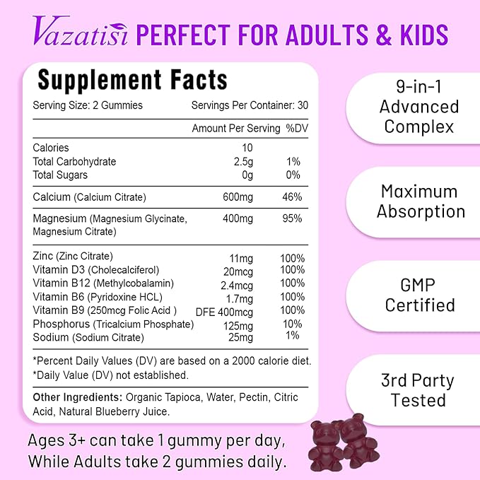 Calcium Magnesium Zinc Gummies with Vitamin D3 and B12, Immune Support Calcium Supplements for Women Men, 60 Vegan Blueberry Flavor Gummies