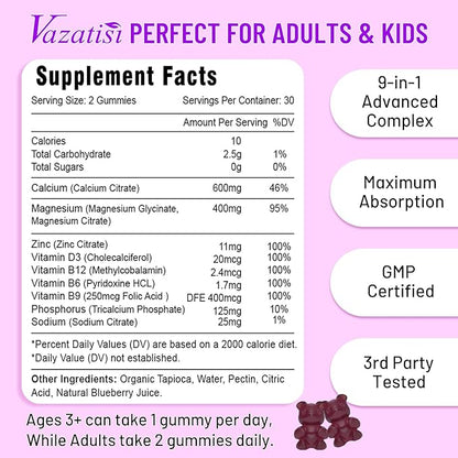 Calcium Magnesium Zinc Gummies with Vitamin D3 and B12, Immune Support Calcium Supplements for Women Men, 60 Vegan Blueberry Flavor Gummies