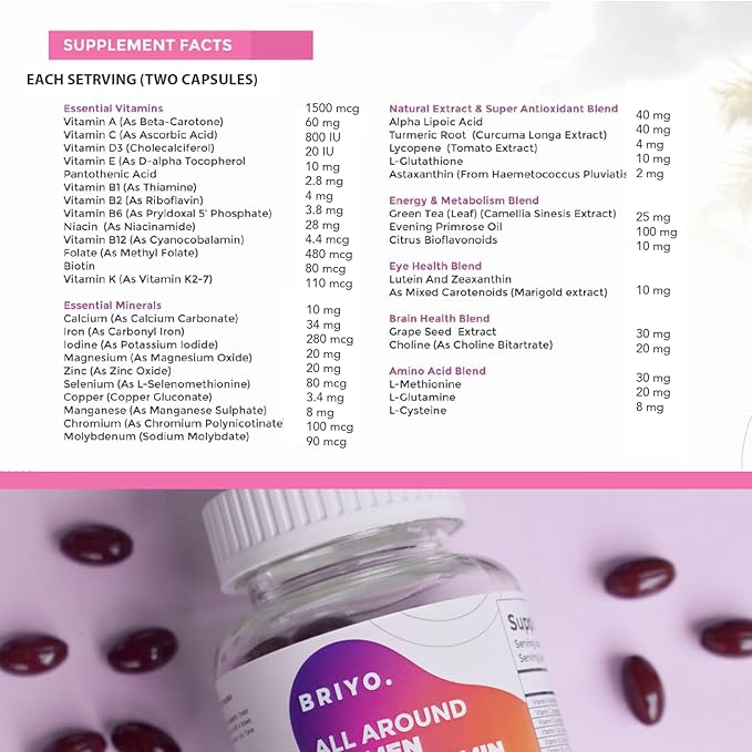 Briyo All Around Women - 38 nutrients (Essential Vitamins, Minerals, Natural extracts, Amino acids, Primrose Oil) - 90 Capsules