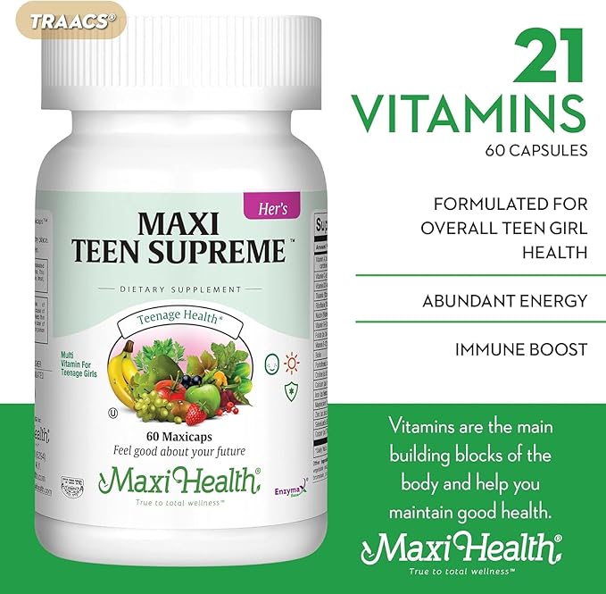 Maxi Health Teen Multivitamin for Girls 12-17 years, Natural Vitamins and Minerals Enhances Development and Immune Health, Best Kosher Supplement for Teenagers, 60 Count