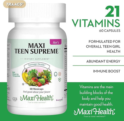Maxi Health Teen Multivitamin for Girls 12-17 years, Natural Vitamins and Minerals Enhances Development and Immune Health, Best Kosher Supplement for Teenagers, 60 Count