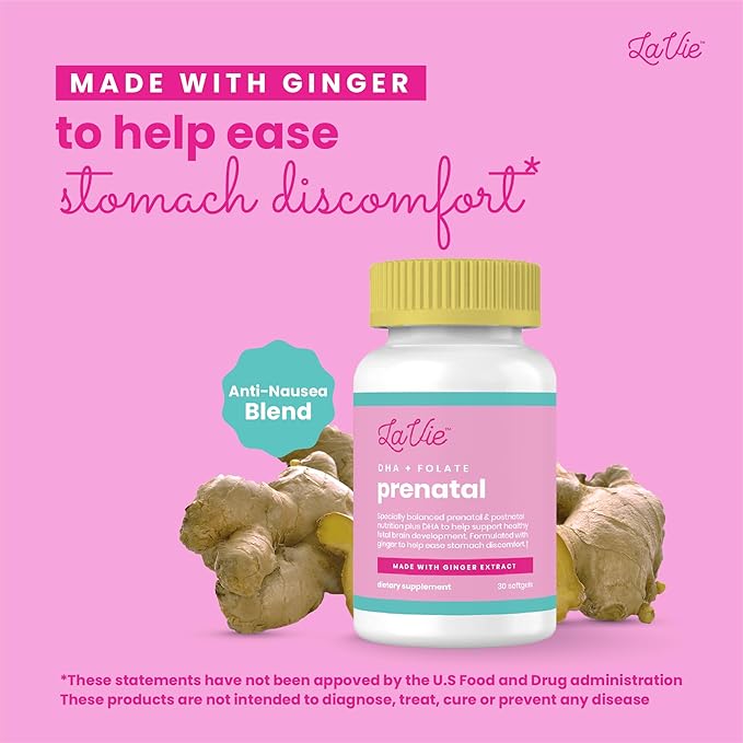 LaVie Prenatal Vitamins with Ginger, DHA, Folic Acid, & Iron - Pregnancy Must Haves for Baby's Brain & Body Development - Non-GMO, Gluten-Free Prenatals for Women (1 Month Supply)