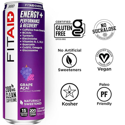 LIFEAID FITAID Energy Grape AÇAI, 200mg Natural Caffeine, Keto, Pre-Workout Performance: BCAAs, Quercetin, Electrolytes, Omega-3s, 15 Calories, Paleo, Vegan & Gluten-Free, 12-oz (Pack of 12)