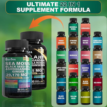 Boysea.Sea Moss and shilajit Bundle - 90 Count - Sea Moss 7000mg, Black Seed Oil 4000mg, Ashwagandha 2000mg, Ginger & Shilajit 9000mg, Rhodiola Rosea 1000mg, All in 1 Supplements (2 Pack)