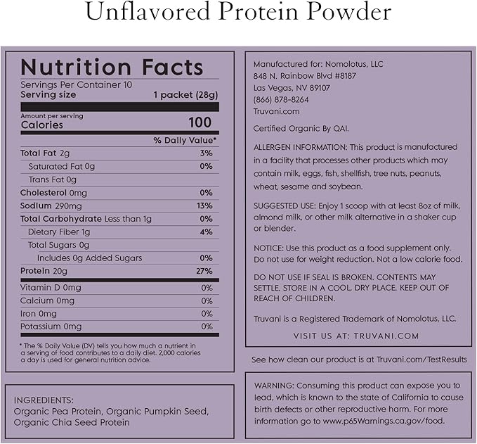 Truvani Vegan Pea Protein Powder | Unflavored | 20g Organic Plant Based Protein | 10 Travel Packets | Keto | Gluten & Dairy Free | Low Carb | No Added Sugar