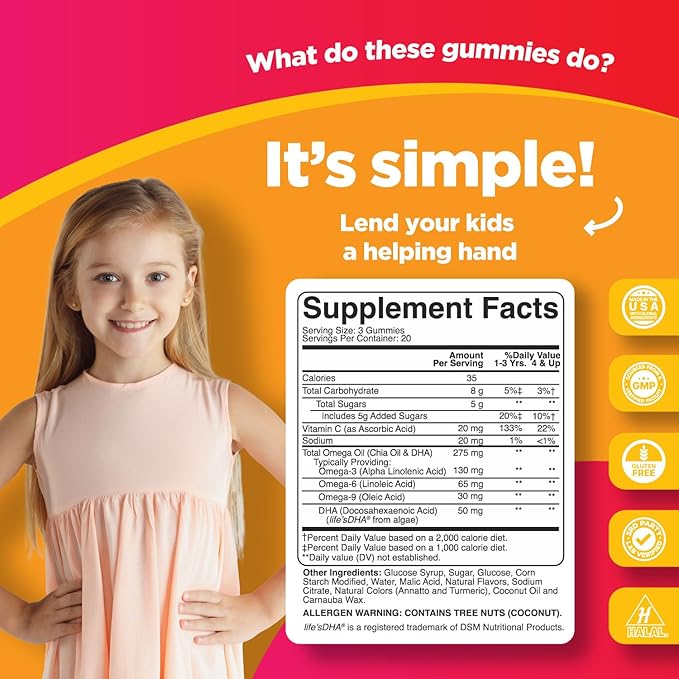Vegetarian Omega 3 Gummies for Kids - Delicious Kids DHA Omega 3 6 9 Gummy Vitamin Gelatin Fish and Gluten Free Non-GMO - Plant Based Omega 3 DHA Gummies for Vision Immunity Heart and Brain Support