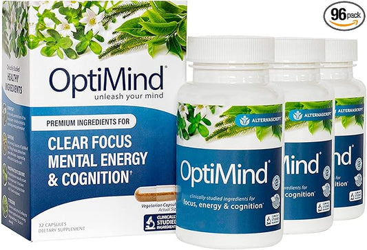 Optimind Nootropics Brain Booster Supplement | Enhance Focus and Cognition, Improve Retention, Sustain Energy | Clinically Studied Ingredients, Bacopa, Tyrosine, Huperzine A, GABA - 3 Bottle (96 Ct)