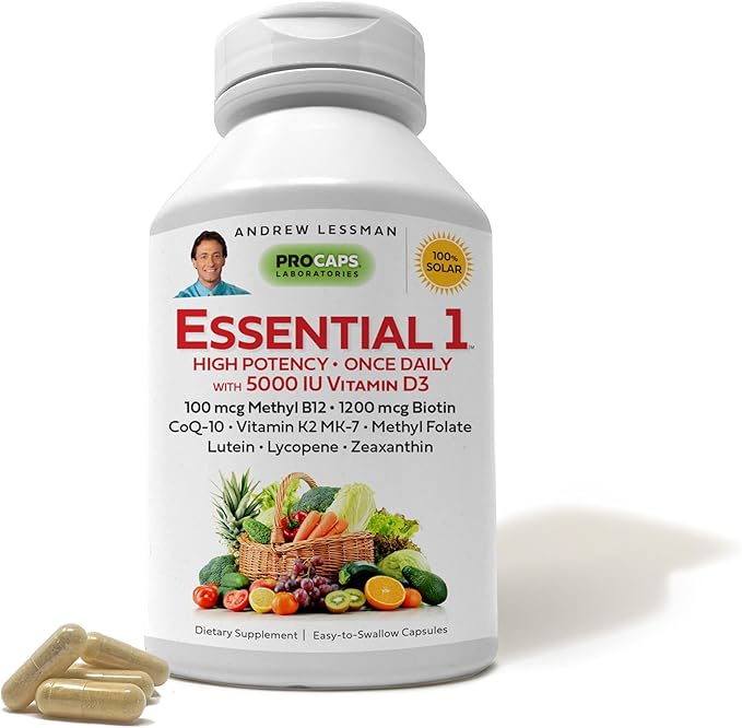 ANDREW LESSMAN Essential-1 Multivitamin 5000 IU Vitamin D3 30 Small Capsules – 100 mcg Methyl B12. CoQ10 Lutein Lycopene Zeaxanthin. High Potency. No Additives. Gentle Ultra-Mild. One Daily Capsule