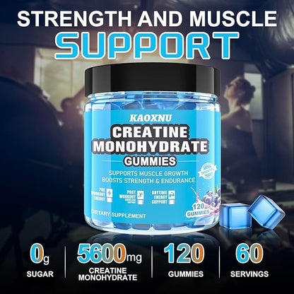 Creatine Monohydrate Gummies 5600mg for Men & Women, 120 CT Chewable Creatine Monohydrate for Muscle Support, Energy Boost, 5.6g of Creatine Monohydrate per Serving - Sugar Free (Blueberry Flavor)