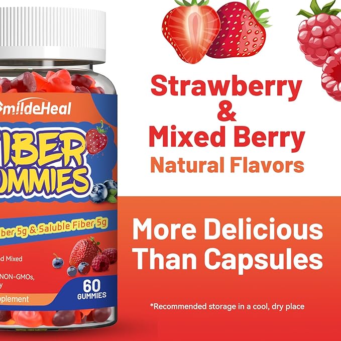 Fiber Gummies, Dietary Fiber, Soluble Fiber, for Women and Men, Gut Health Support, Non-GMOs, Non-Gluten, Vegan, Mixed Berry and Strawberry Flavor, 60 Count Gummies(Pack of 2)
