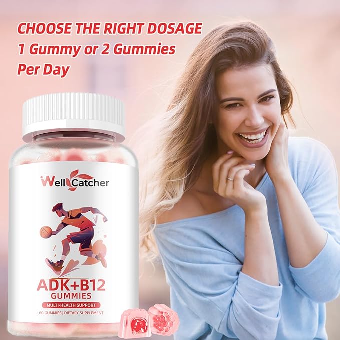 Sugar Free Vitamin ADK+B12 Gummies with Vitamin D3 K2 B12 K2 (MK-7) Chewable Vegan Multivitamin Supplement for Men Women Bone Brain Immune Skin Eye Heart 60 Counts Raspberry Flavored 1 Pack