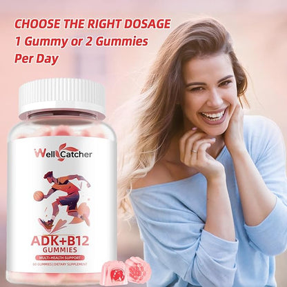 Sugar Free Vitamin ADK+B12 Gummies with Vitamin D3 K2 B12 K2 (MK-7) Chewable Vegan Multivitamin Supplement for Men Women Bone Brain Immune Skin Eye Heart 60 Counts Raspberry Flavored 1 Pack