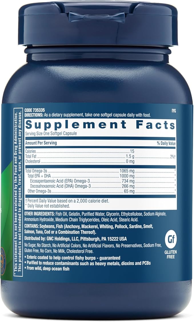 GNC Triple Strength Omega 3 Fish Oil 1000mg, 60 Count, Supports Joint, Skin, Eye, and Heart Health
