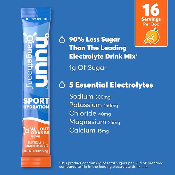 Nuun Sport Electrolyte Powder Packets - All Out Orange, 5 Essential Electrolytes for Hydration, Exclusive Orangetheory Fitness Flavor, 1g Sugar, Non GMO, Vegan, 16 Single Serving Sticks