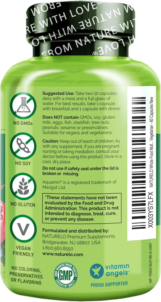 NATURELO Whole Food Multivitamin for Teenage Boys - Vitamins and Minerals Supplement for Active Kids - with Plant Extracts - Non-GMO - Vegan & Vegetarian - 60 Count (Pack of 2)