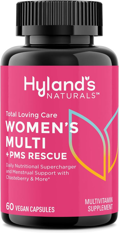 Hyland's Total Loving Care Multivitamin for Women + PMS Rescue - 60 Vegan Capsules - with L-Theanine for Focus & Stress Relief Support with Chasteberry & Dong Quai for Menstrual Support