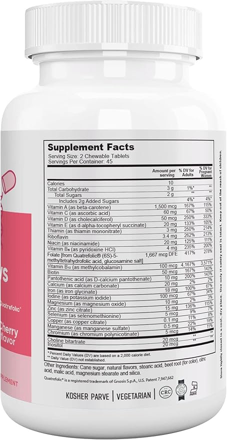 Nutri Supreme Prenatal Vitamin, Chewable Prenatal Vitamins for Women with Highly Absorbable Methyl Folate, Complete Prenatal Multivitamin with Iron, Kosher, Cherry Flavor, 90 Count