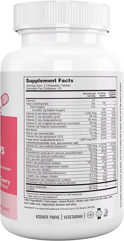 Nutri Supreme Prenatal Vitamin, Chewable Prenatal Vitamins for Women with Highly Absorbable Methyl Folate, Complete Prenatal Multivitamin with Iron, Kosher, Cherry Flavor, 90 Count