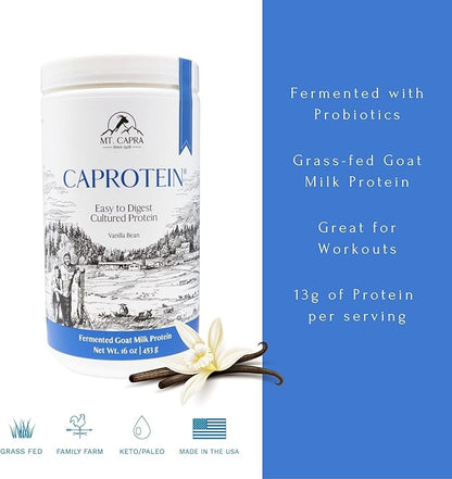 MT. CAPRA SINCE 1928 Caprotein | Casein Protein Concentrate, Fermented Goat Milk Protein from Grass-Fed Pastured Goats, Extremely Easy to Digest - 1 Pound