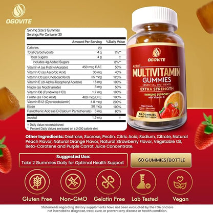Multivitamin Gummies | Natural Energy & Immune Health Support for Adults | Extra Strength with Vitamin C and B Vitamins | Vegan | Orange & Strawberry Flavor | 60 Gummies (1 Month Supply)