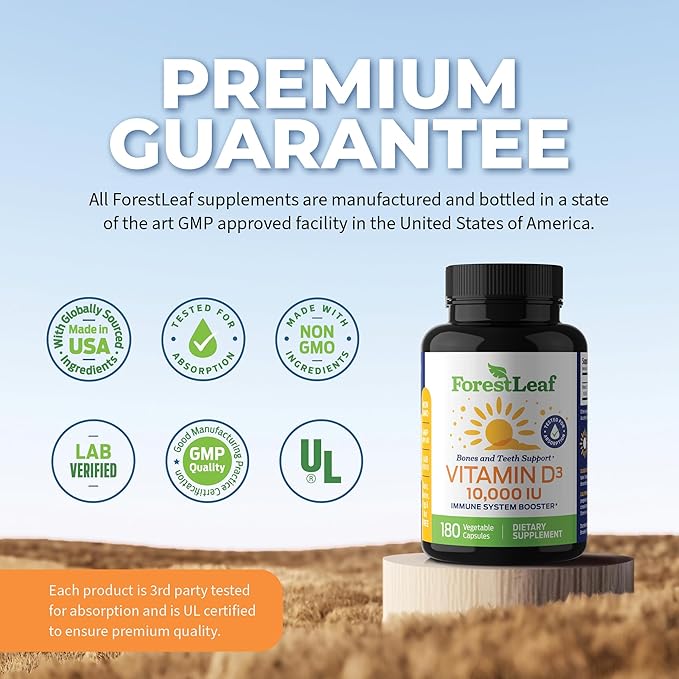 ForestLeaf Vitamin D3 5000 IU - Bone Health and Immune Support - Small Easy to Swallow Vegetable Capsules - Non-GMO Gluten Free VIT D - VIT D3 Vitamin D Supplements for Women and Men, 180 Count