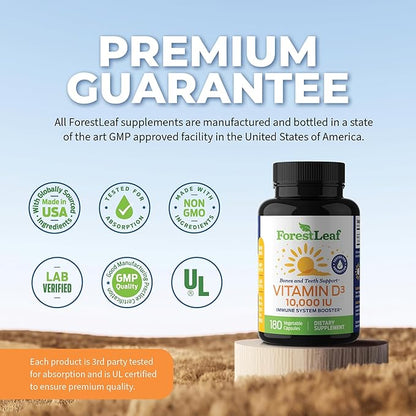 ForestLeaf Vitamin D3 5000 IU - Bone Health and Immune Support - Small Easy to Swallow Vegetable Capsules - Non-GMO Gluten Free VIT D - VIT D3 Vitamin D Supplements for Women and Men, 180 Count