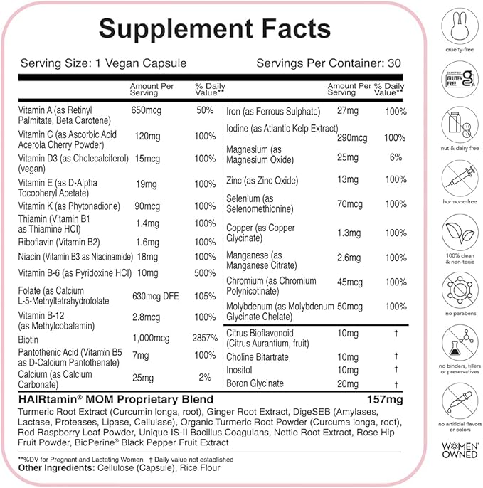 HAIRtamin MOM Vegan Prenatal & Postnatal Multivitamin Capsules & Hair Vitamins, Postpartum, Breastfeeding, Hair Nails, and Skin Vitamins for Women with Biotin, Zinc, Iron (3-Pack)