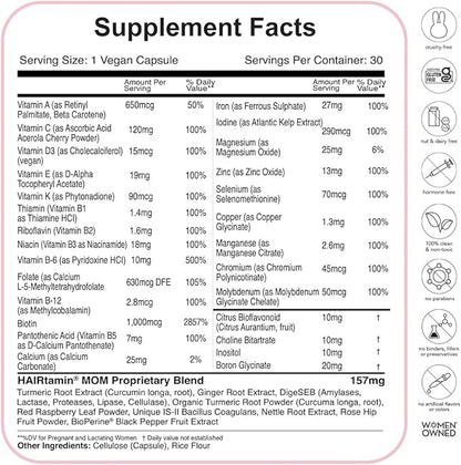 HAIRtamin MOM Vegan Prenatal & Postnatal Multivitamin Capsules & Hair Vitamins, Postpartum, Breastfeeding, Hair Nails, and Skin Vitamins for Women with Biotin, Zinc, Iron (3-Pack)