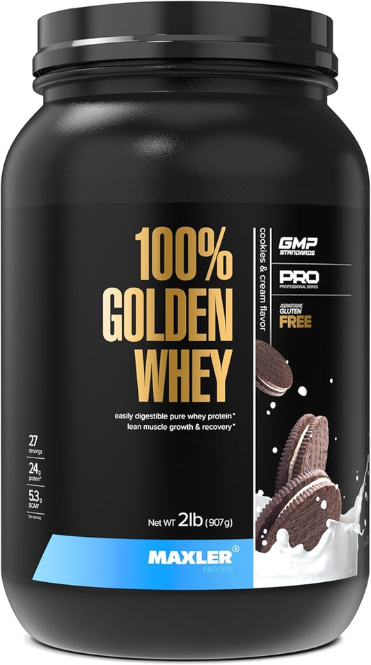 Maxler 100% Golden Whey Protein - 24g of Premium Whey Protein Powder per Serving - Pre, Post & Intra Workout - Fast-Absorbing Whey Hydrolysate, Isolate & Concentrate Blend - Cookies & Cream 2 lbs
