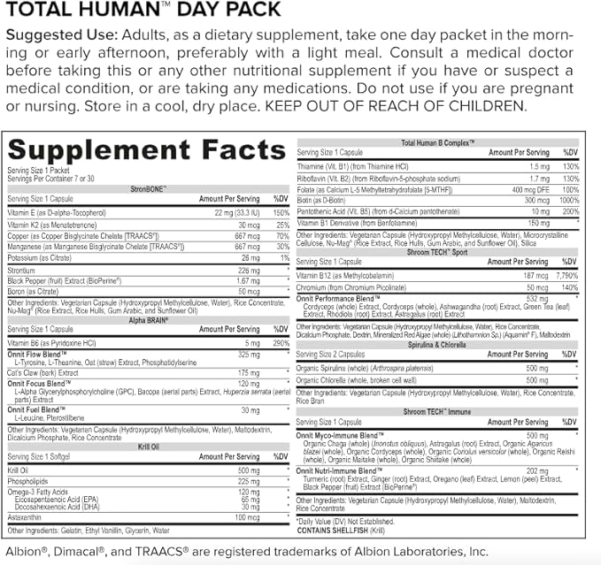 ONNIT Premium Alpha Brain Bundle - Nootropic Brain Supplement (30 Count) for Focus, Concentration & Memory + Total Human Day and Night Vitamin Packs for Men and Women (30-Day Supply)
