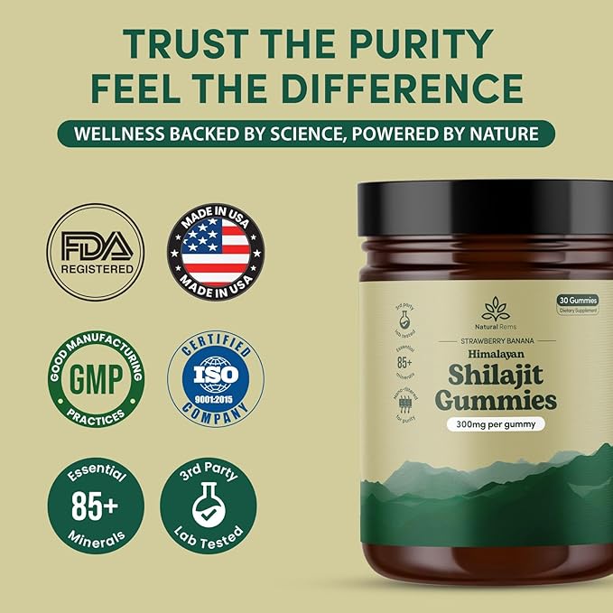Organic Shilajit Gummies for Men and Women - Lab Tested - Made in USA - Pure Himalayan Organic - Fulvic Acid - Energy and Focus - Holistic Health Supplements (Strawberry Banana)