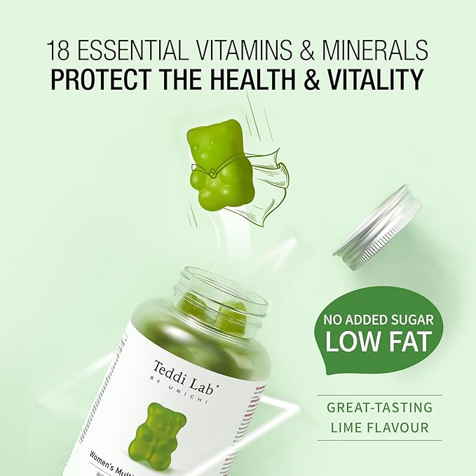 Unichi Women’s Multi-Nutrient Gummy, 18 Essential Vitamins & Minerals Specially Designed for Women, Non-GMO, Lime Flavour, 60 Count