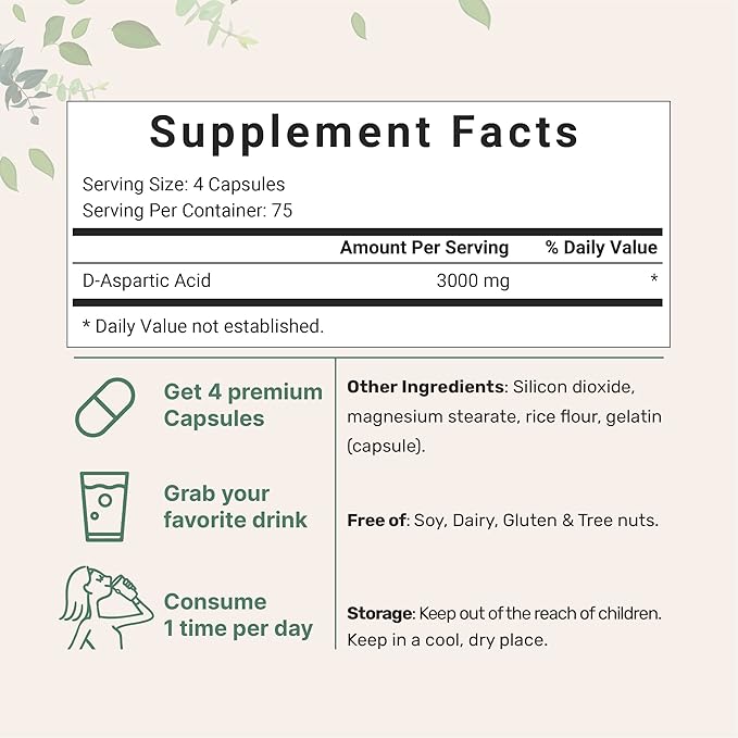 Micro Ingredients D Aspartic Acid Pills, DAA Supplement, 3000mg Per Serving, 300 Capsules, Premium D Aspartic Acid, Non-GMO