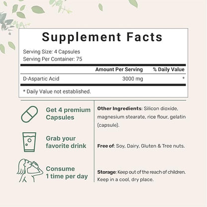 Micro Ingredients D Aspartic Acid Pills, DAA Supplement, 3000mg Per Serving, 300 Capsules, Premium D Aspartic Acid, Non-GMO