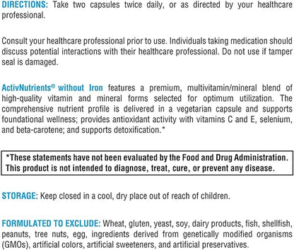 XYMOGEN ActivNutrients Without Iron - Multivitamin Multimineral for Wellness, Immune, Energy and Mood Support - Chelated Minerals + Active B Vitamins with Folate (240 Capsules)