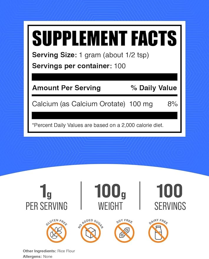 BulkSupplements.com Calcium Orotate Powder - Calcium Powder Supplement, Calcium Orotate Supplements - Gluten Free, 1000mg (100mg Calcium) per Serving, 100g (3.5 oz) (Pack of 1)