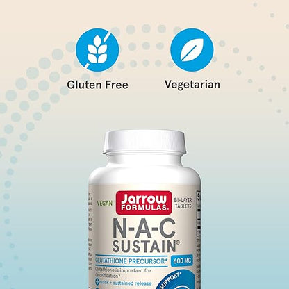 Jarrow Formulas N-A-C Sustain 600 mg, Dietary Supplement, Amino Acid Support for Liver Health and Antioxidants, 60 Tablets, 60 Day Supply