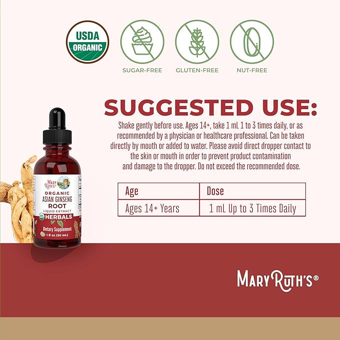 MaryRuth Organics Herbal Supplement Drop, Antioxidant, Boost Energy, Pack of 1, Ginseng Root for Vitality, Supports Focus and Endurance, Vegan, Non-GMO, Gluten Free, 1 Fluid Ounces