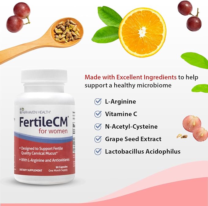 Fairhaven Health FertileCM Fertility Supplement for Women, Capsules - Fertile Cervical Mucus, Ovulation Cycle, Includes L-Arginine, N-Acetyl-Cysteine, Grape Seed Extract and Vitamin C - 90 Capsules
