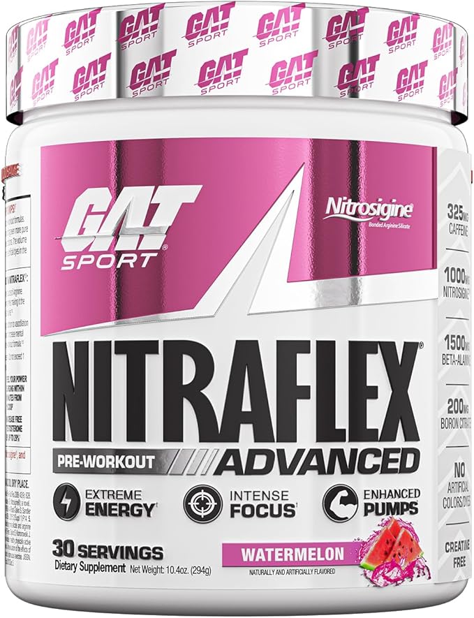 GAT SPORT Nitraflex Advanced Pre-Workout Powder, Increases Blood Flow, Boosts Strength and Energy, Improves Exercise Performance, Creatine-Free (Watermelon, 30 Servings)