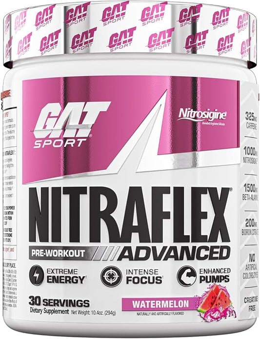 GAT SPORT Nitraflex Advanced Pre-Workout Powder, Increases Blood Flow, Boosts Strength and Energy, Improves Exercise Performance, Creatine-Free (Watermelon, 30 Servings)