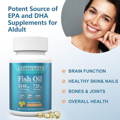 Fish-Oil Omega3-EPA DHA-Supplement Burpless-Softgels - 120Capsules 1440 mg per Serving Mini Size Healthy Heart Support Fatty Acids Supplement Helps Maintain Healthy Triglyceride Levels