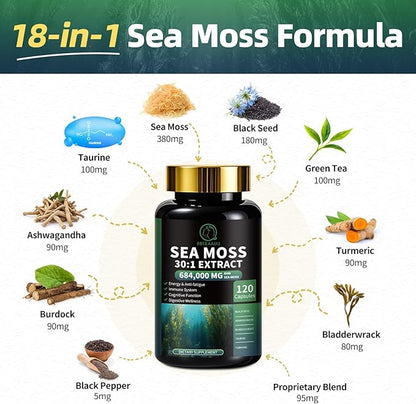 Sea Moss and Shilajit Bundle, All in 1 Supplements with Shilajit 720,000mg, Sea Moss 684,000mg, Coenzyme Q10, Black Seed, Ashwagandha, Burdock for Energy, Antioxidant, Immune Support, 240 Capsules