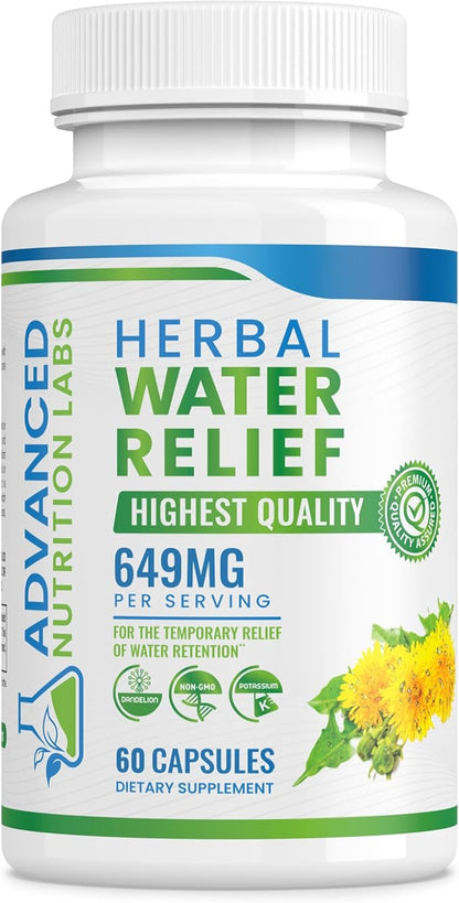 Herbal Water Relief Diuretic Water Pills for Water Retention, Bloating, Water Weight, Swollen Legs, Feet - Dandelion Extract Supplement - Water Retention Loss - Diuretics for Women & Men - 60 Capsules